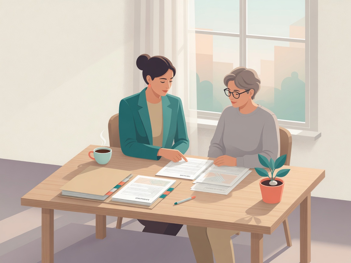 Illustration of an advisor and client reviewing funding paperwork together at a bright desk