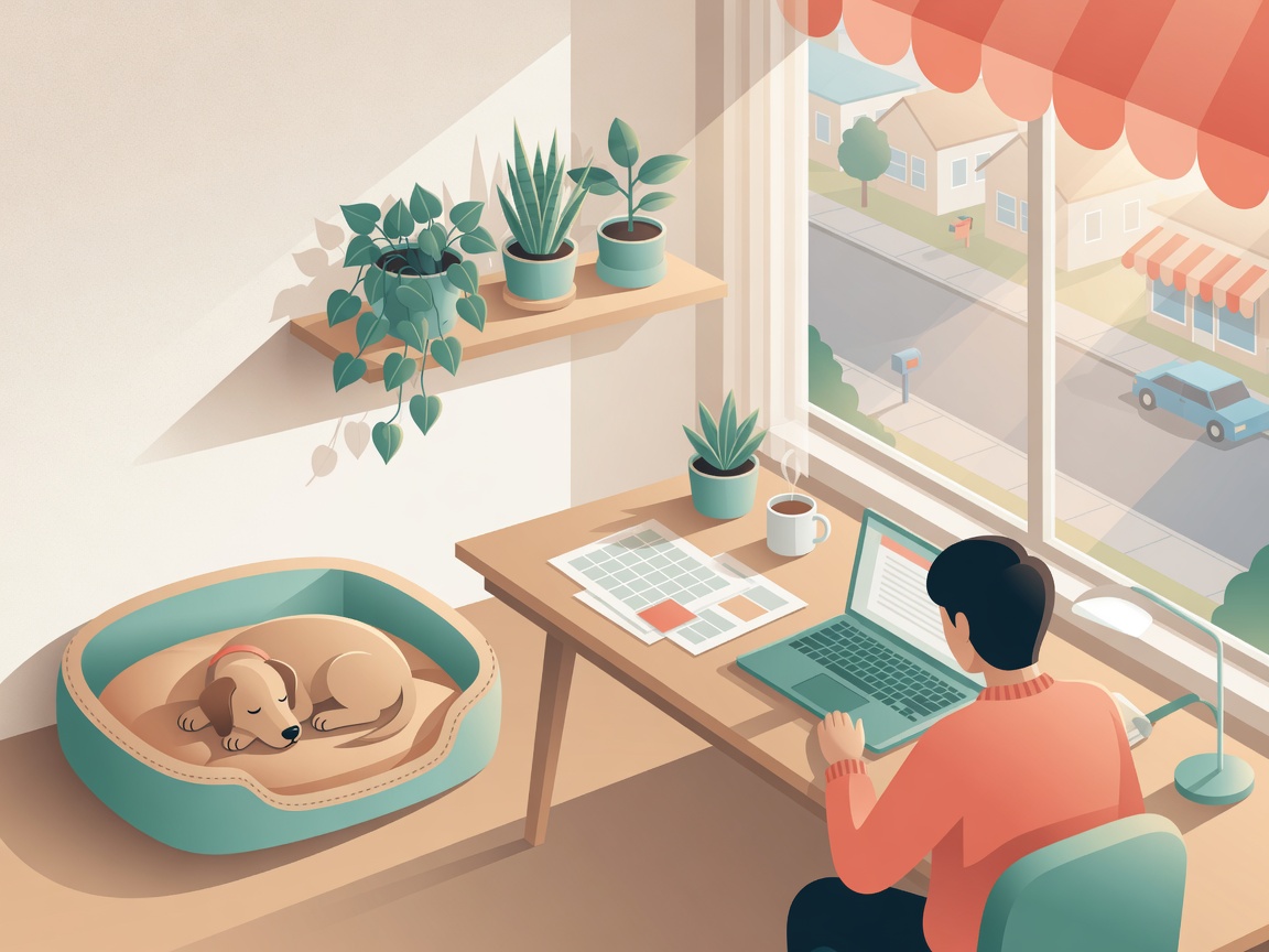 Illustration of a sunny home office with a storefront visible through the window
